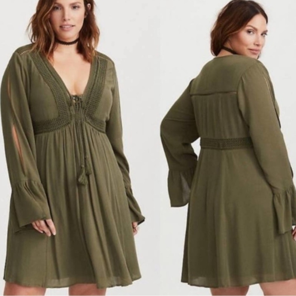 Boho Romantic Olive Green Skater Dress Torrid 1X Cottagecore